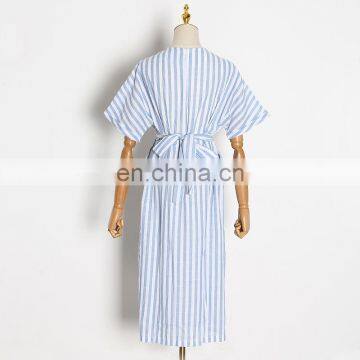 TWOTWINSTYLE Striped O neck Short Sleeve Waist Cross Lace Up Hem Split Summer Long Women's Dresses