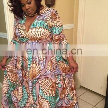 New Arrival Deep V Neck Shape Waist Long Sleeve Sexy Women African Floral Printed Casual Evening Dresses photo-4