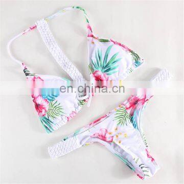 Push Up Bikini Set Backless Knitting White Floral Women Swimwear Sexy Swimsuit Plus size