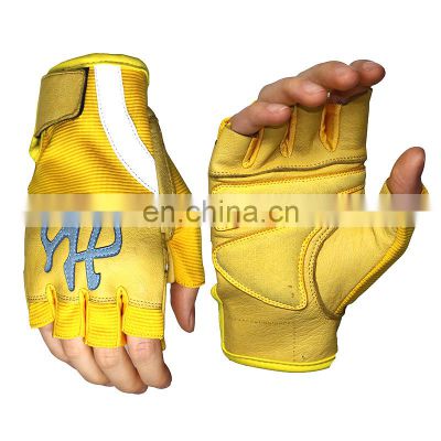 Yellow Cow Leather Fingerless Palm Padded Weight Lifting Gym Exercise Gloves Workout Cross Training Gloves