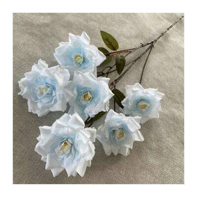 Artificial simulation long branch 6 snow roses for home decoration