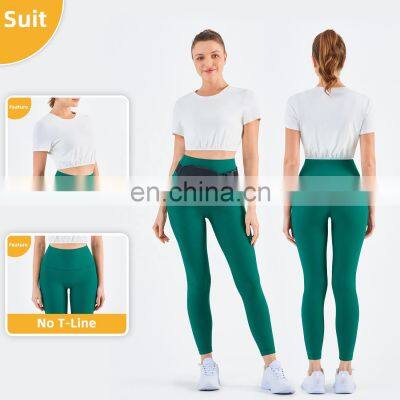 New Double Ribbed Loose Women's T Shirts With Elastic Hem Yoga Fitness Short Sleeve Crop Top photo-4