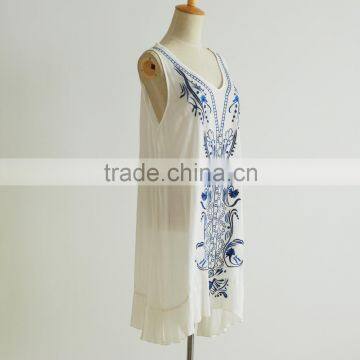 Latest Design Rayon Pleated Sleeveless Embroider Women Casual One Piece Dress
