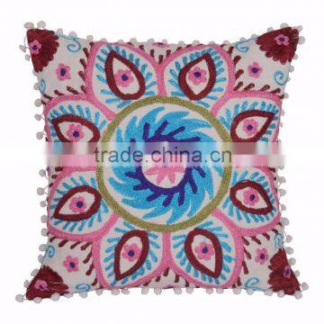 Suzani Embroidered Pillows Pom Pom Boho Throw Pillowcases Indian Cushion Cover