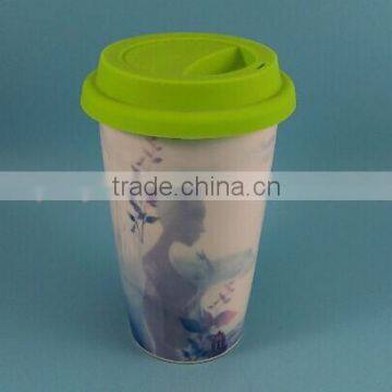 YF11012 double wall ceramic thermos mug with silicone lid