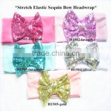 Wholesale Baby New Solid cotton headband with sequin hair bow,sparkle knitted headwraps hair bow