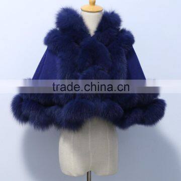 wholesale genuine cashmere cape with fox fur hood trim CC07