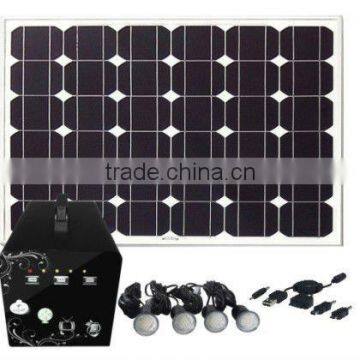 Solar home light system with phone charger tips and four led lights