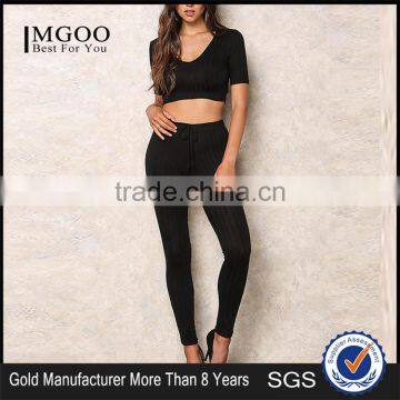MGOO High Quality Black Ribbed Hood Tops Sleeveless Cropped Tops And Legging For Running Tracksuits Plain Basic