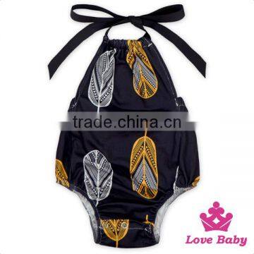 Wholesale Cute Cotton Feather Pattern Printed Halter Sleeveless Design Onepiece Breathable Cotton Baby Boy Romper