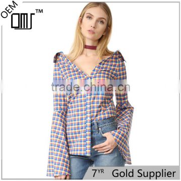 OEM Fashion Strapeless Neckline Horn Cuff Plaid Women Blouse