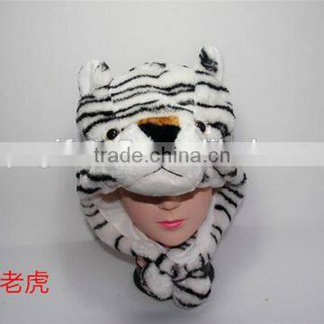 White Tiger Plush Warm Hat Earmuff With Ear Poms Cartoon Animal Cap