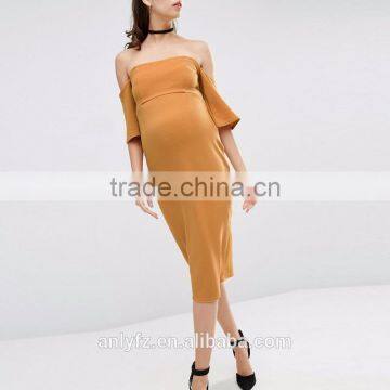Anly Bandeau Neckline Design Fluted Sleeves Zip Back Fastening Midi Dress photo-4