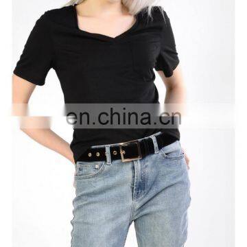 Womens Black Plain Classical V neck T Shirts Lightweight 100% Cotton POCKET TSHIRT