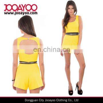 Fashion Womens Playsuits/Rompers Yellow Ribbed Keyhole Cut Out Backless jumpsuits
