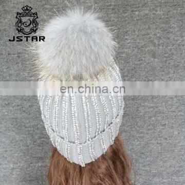 Hot sales high quality women winter hat winter real raccoon fur pom pom hat knitted beanie cap for wholesale