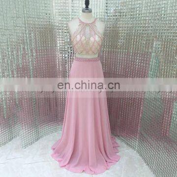 Hot Sale Two-Piece Heavy Beaded Chiffon Pink Evening Dresses LX284