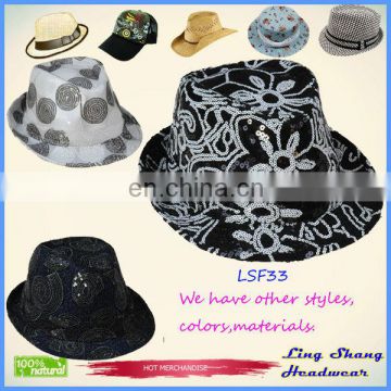 LSF33 Ningbo Lingshang Beautiful Flower Sequins Fabric Fedora fancy design cheap top hats