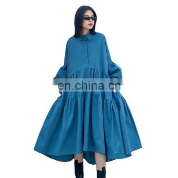 TWOTWINSTYLE Oversized Dress For Women Lapel Lantern Long Sleeve High Waist Patchwork Ruffles A Line