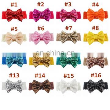 5Inches Girl Sequin Bows Headband Solid Color Kids Lace Patchwork Hairband 19Colors