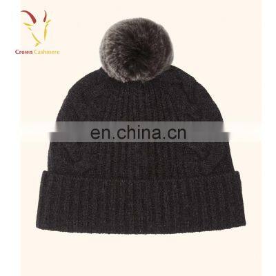 Cashmere 100% Cable Knit Beanie Hat Pom Pom Girl Hat Wholesale photo-5
