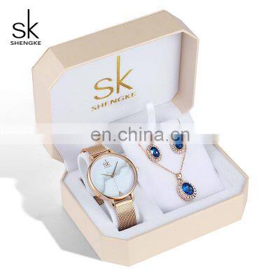 SHENGKE SK Hot Sale Watch Set Blue Jewelry Necklace Earrings 4 Pieces 0039+0093Blue Sets Bracelet Watch Gift Girl Friend