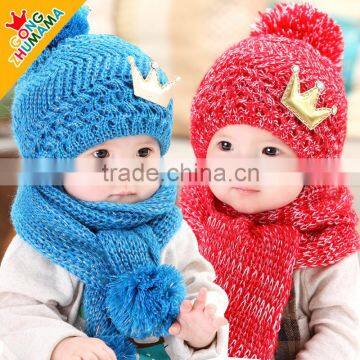 High Quality Fashion Korean Golden Crown Applique Knitted Kids Baby Hat Scarf Set