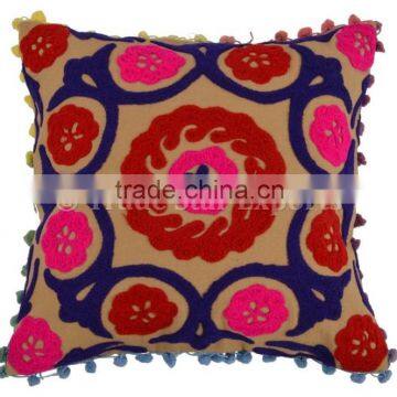 Suzani Cushion Cover Embroidered Pillow Shams Bohemian Pillow Indian Decorative Cushion Cover Pom Pom Lace Cushions