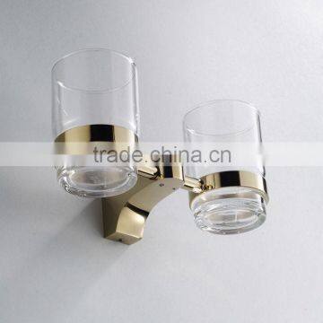 wall mount Gold Polished elegant Bathroom Double Toothbrush Cup Holder Tumbler Holder Glass Cup