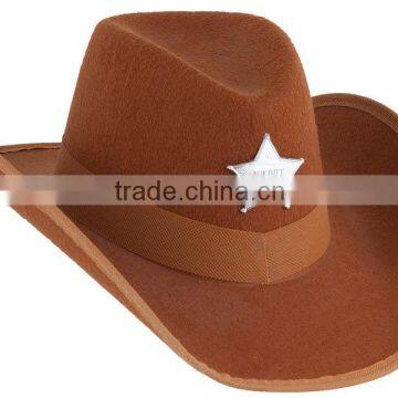 Brown cowboy hat with sheriff badge