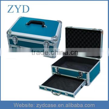 Blue reinforced steel corners padding aluminum tool case with drawer, 15" x 8" x 6"