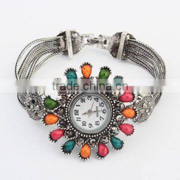 2015 Newest Fashion Antique Silver Metal Multi Color Rhinestone Watch