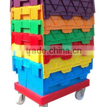 China moving nestable plastic attached lid tote box