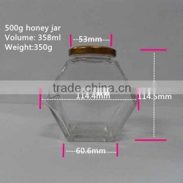 Manufacturer 358ml honey hexagon glass jar Hoding 500g honey