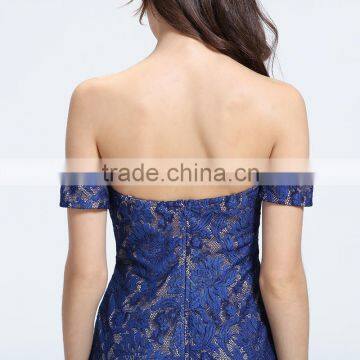 12955 Blue Lace Free Should Full Lenght Ruffer A-line Sweeps Blackless Party Cocktail Prom Dresses photo-6