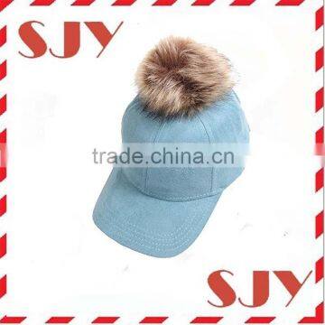 Women's Faux Leather Fur Pom Pom Adjustable Baseball Cap photo-5
