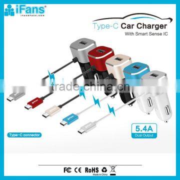 Auto Car Charger With Type C Cable 3.0 ROHS OEM 5.4A Dual Output One Year Warranty