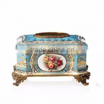 Traditional Hand Painted Ceramic Tissue Case With Cover, Decorative Porcelain Tissue Box With Brass Base