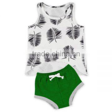 Feather Pattern Cotton Sleeveless Baby Clothes Set Summer Girl White Tops And Dark Green Shorts