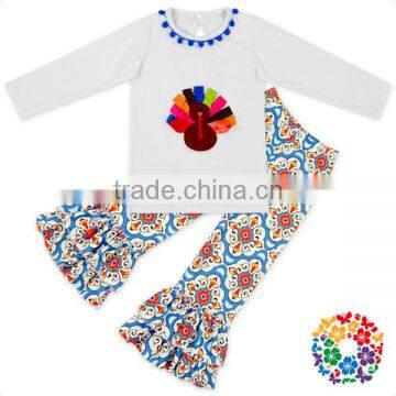 Turkey Embroidery Baby Girls Thanksgiving Outfits Children Ruffle Cotton Fall Toddler Clothing Set Manufacturers Overseas