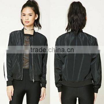 Wholesale Price Boutique Girl Clothing Woven Contrast Sleeve Zipper Front Basic Collar Stripe Lady Fashion Soccer Bomber Jacket