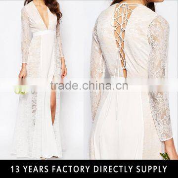 Long sleeve deep V wedding dress 2016 front split back crossed lace appliqued gown