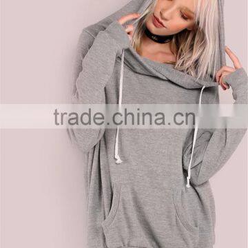 MGOO Women Oversized Sweatshirt Pullover Front Pocket Lightweight Soft Knit Draw String Slouchy Hoodie Heather Grey photo-3