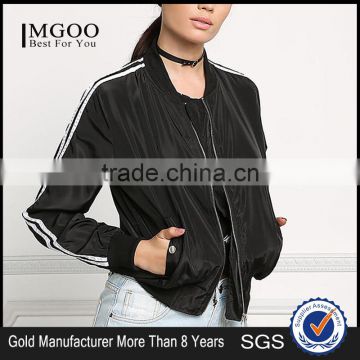 MGOO New Arrival Black 100% Polyester Bomber Jackets Black Crop Long Sleeves Tops Coat Sports Women Jackets