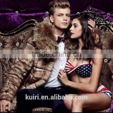 Super quality Man's Fox fur coat with raccoon fur collar jackets printed man's faux fur jackets short coat