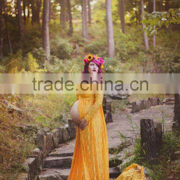 Gold Split Lace Off Shoulder Long Sleeves Maternity Gown Dress Pregnant Woman Mustard Lace Maxi Dress