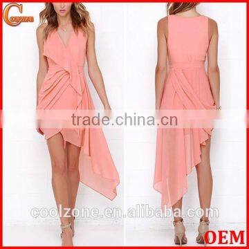 Elegant High-low designer one piece party dress woman pleated coral party dresses