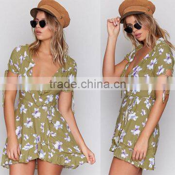 Wrap Over Short Sleeved Sexy Women Dresses Ladies Tie Cuff Floral Casual Dress photo-5