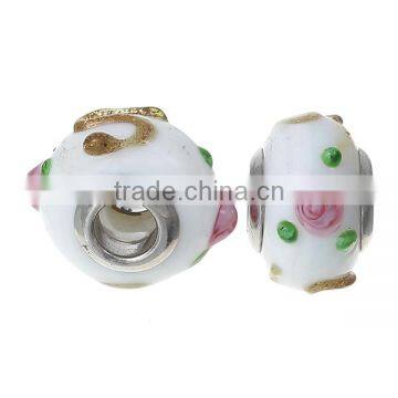 Lampwork Glass European Style Large Hole Beads Round White Pink Flower Golden " S " With 304 Stainless Steel Silver Tone Core photo-3