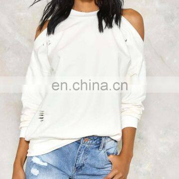 Plain white crew neckline bare enough cold shoulder sweatshirt